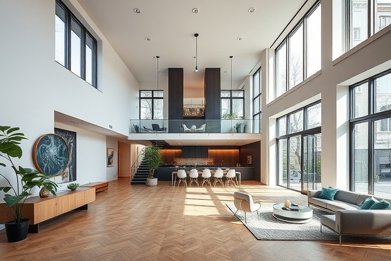 Double-height living and dining area